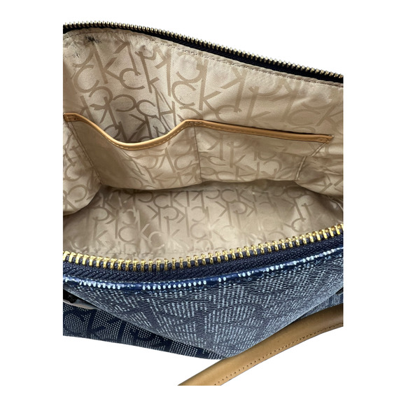 Calvin Klein Signature Monogram Navy Satchel Logo Purse With Tan Handle - Picture 5 of 7